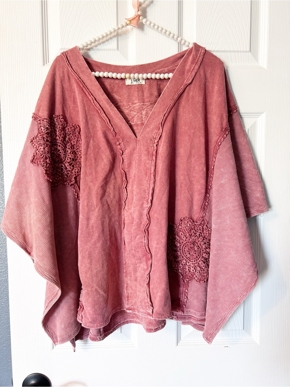 J.Her Mineral Wash Top S Crochet Flower Maroon Thermal Boxy Boho Kimono Oversize